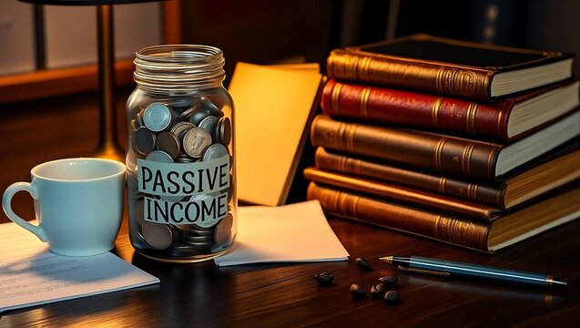 Passive income jar and books on a desk