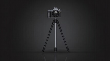 Dark grey camera on a tripod against a dark backdrop.