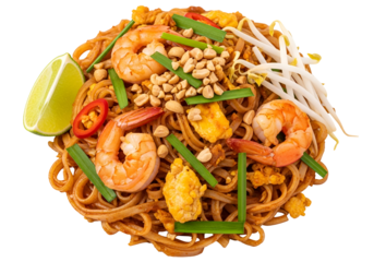 Delicious shrimp stir-fried noodle dish with vegetables and peanuts on a black background