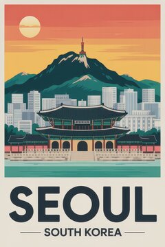 Vintage Travel Poster of Seoul South Korea Skyline  
