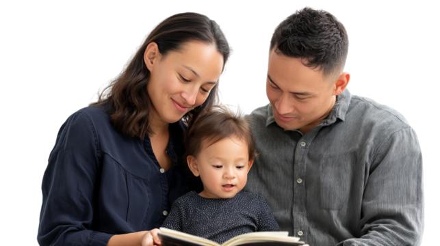 A joyful Hispanic couple reads a story to their young daughter, surrounded by warmth and love.