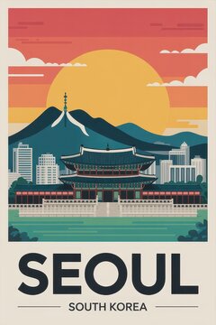 Vintage Travel Poster of Seoul South Korea Skyline  

