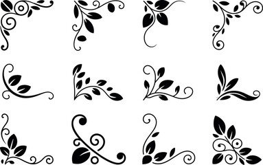 Elegant black floral corner designs; twelve ornate vector illustrations.