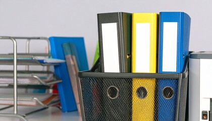 Five upright ring binders in assorted colors with labeled spines, flanked by a file organizer and printer. Scene reflects efficient document storage in office workspace.