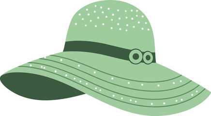 A stylish light green wide brimmed sun hat decorated with a subtle polka dot pattern and a dark green ribbon with decorative buckles