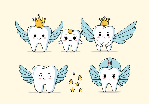 Cute cartoon tooth characters with wings and crowns representing dental health and care