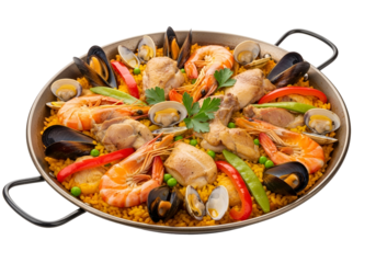 Delicious Spanish Paella with Seafood and Vegetables on a Black Background