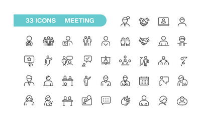 Set of 33 minimalist line art meeting and collaboration icons including group, handshake, laptop, presentation, calendar and interaction symbols
