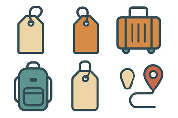 Travel essentials with tags, suitcase, and backpack in vector style
