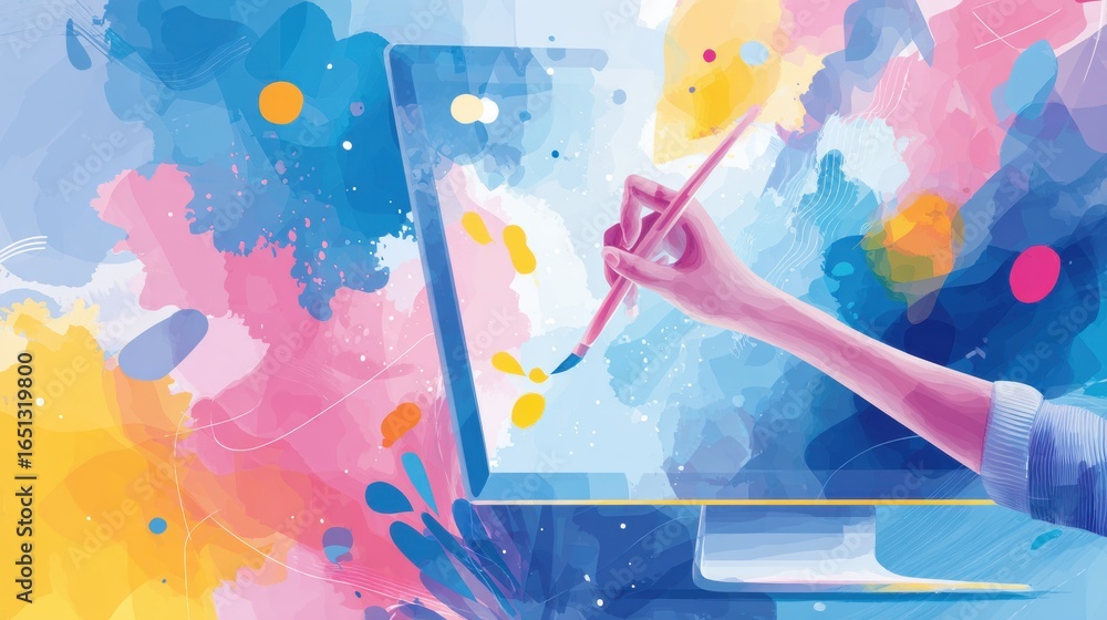 Poster abstract art creation using digital tools in a vibrant workspace