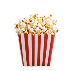 popcorn in a striped box on a wooden floor, striped box filled with popcorn sits on a wooden floor, isolated on transparent background