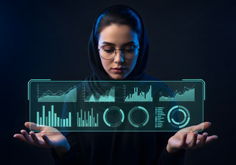 Woman in hijab analyzing futuristic holographic data charts