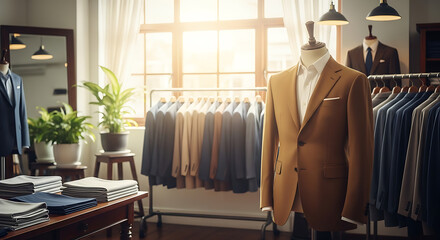 Elegant tailored suits displayed in a brightly lit bespoke atelier showcasing craftsmanship and