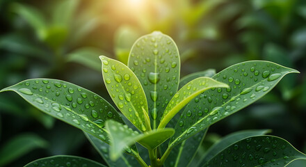 Lush green foliage adorned with glistening water droplets conveying nature's vibrancy and renewal