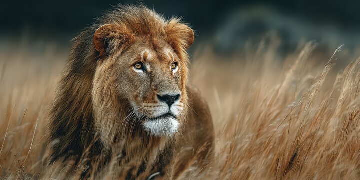 Majestic lion resting in golden grassland during a tranquil afternoon in the African savannah