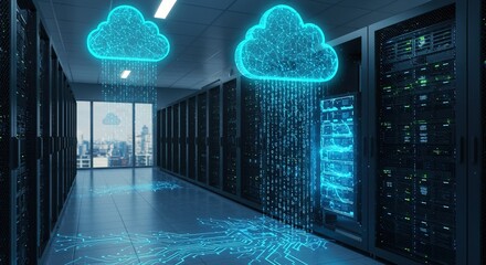 Stunning digital cloud transfer concept with glowing data streams in a modern server room