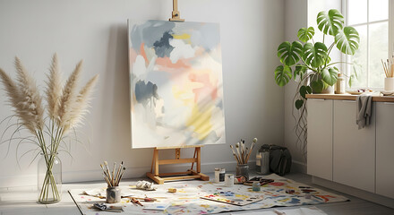 Artistic serenity: An artist's space with a canvas, brushes, and a touch of nature's calm