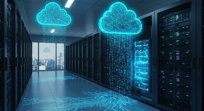 Stunning digital cloud transfer concept with glowing data streams in a modern server room