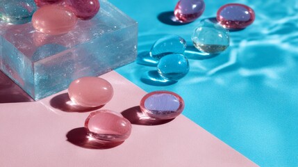 Floating spa stones and colorful glass orbs in blue water for beauty wellness photography minimalist balance relaxation product background