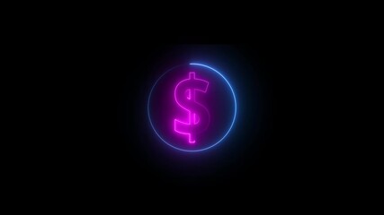 Glowing Neon Dollar Icon Isolated on Black Background. HD Video Motion Graphic Animation. Abstract neon Dollar icon conceptual business animation .Money cash, digital currency market, USDT, bank. - Powered by Adobe