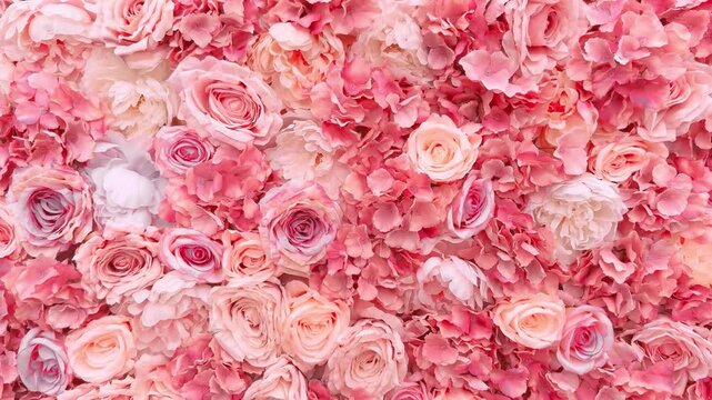 pink rose wall, floral texture and soft petals in motion, ideal for background video, design projects, and floral visuals. pink rose wall, floral pattern in full bloom, perfect for wedding background 