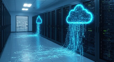 Stunning neon cloud data streams flow through modern server room, symbolizing digital transformation and connectivity
