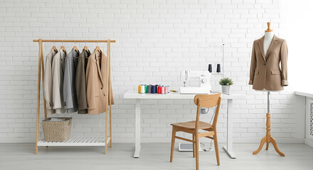 Serene atelier setup with sewing machine, garments and vibrant sewing threads display crafting