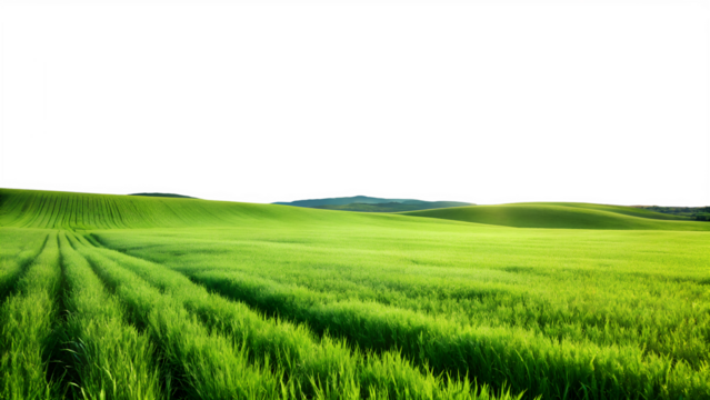 Lush green field with rolling hills under a clear sky, a tranquil rural landscape isolated on transparent background