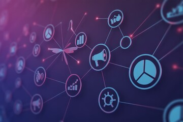 Digital marketing network connecting various business and communication icons on a futuristic background