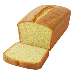 Classic golden-brown pound cake loaf with a crisp crust and a thick cut slice showing dense, moist, light yellow crumb, on a transparent isolated studio background, ultra-realistic UHD photograph with