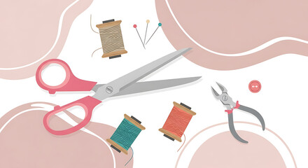 Pastel sewing tools arrangement illustrating crafting design projects and hobbies in flat style