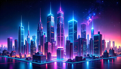 Vibrant Neon Cityscape Under Starry Night Sky Featuring Illuminated Skyscrapers and Urban Landscape