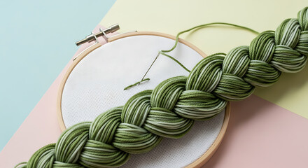 Embroidery hoop, linen, needle, braided green yarn, pastel background, artisanal crafting process,