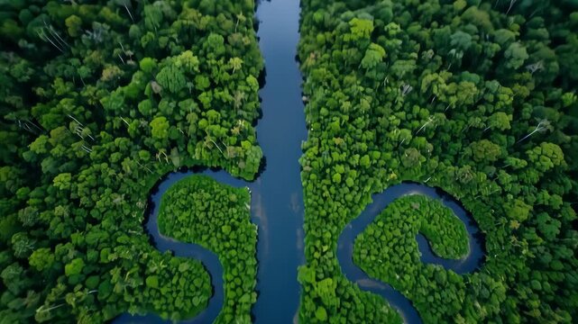 Aerial View of Winding River Flowing Through Lush Green Rainforest