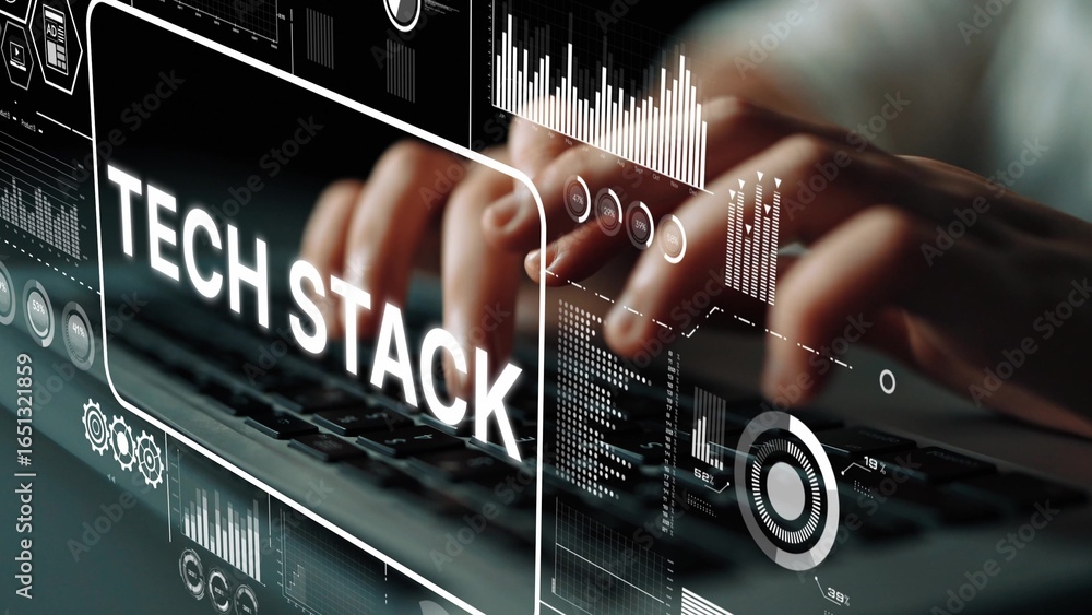 Poster futuristic concept of technology stack with hands typing on laptop and data visualization elements. 