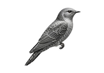 Obraz premium Detailed black and white photograph of a perched bird with intricate feather patterns against a