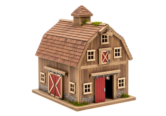 Detailed miniature model of a rustic barn with red doors and roofing on a black background