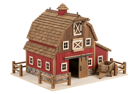 Detailed miniature model of a rustic barn with fencing and lush surroundings