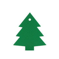 Obraz premium A standalone Christmas tree-shaped gift tag, vibrant forest green matte cardstock, crisp edges, neat hole at top, against transparent background. Concept for holiday branding