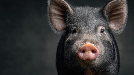 Portrait of a black pig with distinct features, showcasing its expressive face and intelligent eyes in indoor setting
