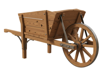Detailed wooden carts with two large wheels and rustic design ideal for rural transportation and