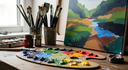 Artistic workspace ambiance featuring a painting supplies in a bright creative atmosphere