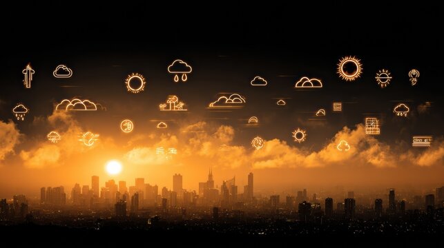 Sunset Over a City Skyline With Weather Icons Illustrating Various Meteorological Conditions in the Sky at Dusk