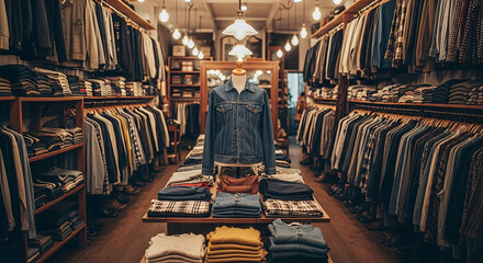 Boutique showcasing vintage-inspired apparel, with a curated selection of denim jackets and neatly