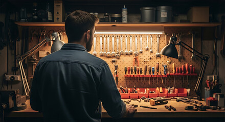 A craftsman in his workspace with a variety of tools on a cluttered workbench focused on projects