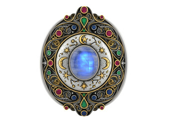 Fototapeta premium Elaborate celestial-themed pendant featuring a central blue gemstone surrounded by intricate gold