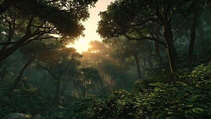 Obraz premium Lush sunrise in a dense forest