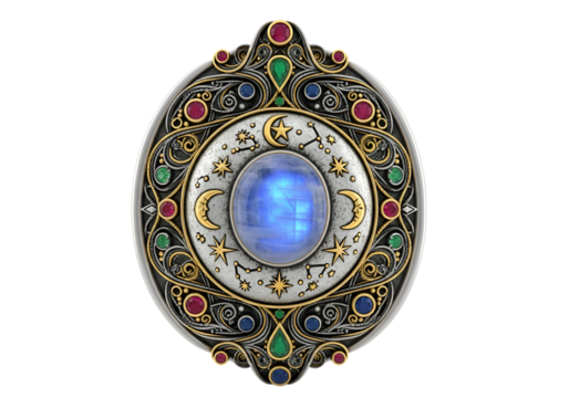 Elaborate celestial-themed pendant featuring a central blue gemstone surrounded by intricate gold