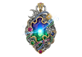 Elegant and elaborate jewelry pendant with celestial and gemstone motifs on a black background