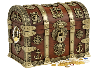 Elaborate wooden treasure chest with ornate metal accents and nautical symbols